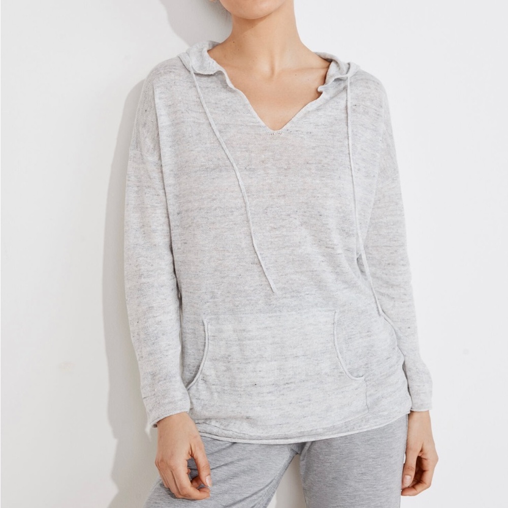 HAVEN WELL WITHIN Gray Linen Hoodie Kangaroo Pocket Women XS VNeck Comfy Casual